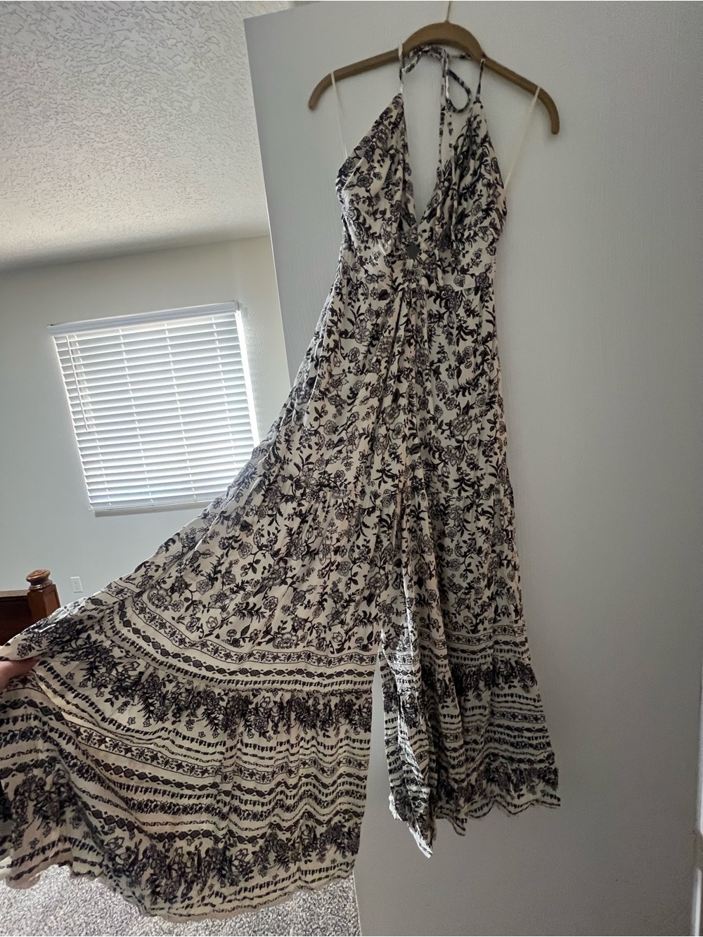 Angie Boho Floral Halter Wide Leg Jumpsuit Cream Black Palazzo Pants